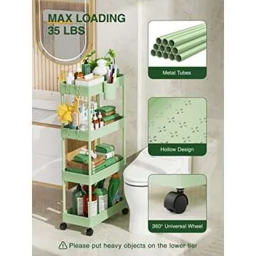 LEHOM Slim Rolling Storage Cart - 4 Tiers Bathroom Organizer Utility Cart Slide Out Storage Shelves Mobile Shelving Unit for Kitchen, Bedroom, Office, Laundry Room, Small Narrow Spaces, Green