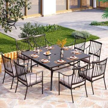 PHI VILLA 9 Pieces Outdoor Dining Table Set for 8, 60” Square Wrought Iron Dining Table & Heavy-Du...