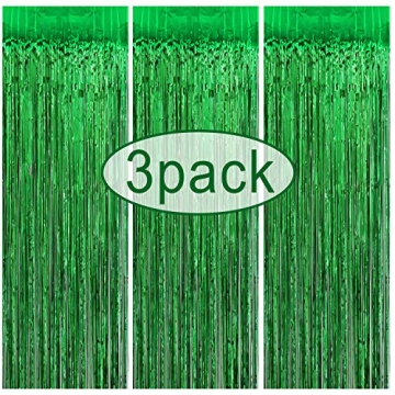 3 Pack Tinsel Curtain | Metallic Foil Fringe Curtain | 3.2 ft x 8.3 ft Green Shimmer Tinsel Curtain ...