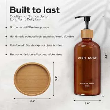 Amber Glass Dish Soap Dispenser for Kitchen Sink by Brighter Barns - Kitchen Soap Dispenser Set with Tray - Glass Soap Dispenser Pump - Liquid Soap Dispenser -Boho Kitchen Decor & Accessories (Amber)