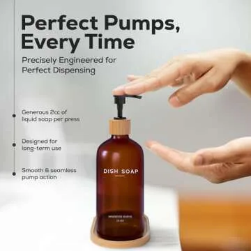 Amber Glass Dish Soap Dispenser for Kitchen Sink by Brighter Barns - Kitchen Soap Dispenser Set with Tray - Glass Soap Dispenser Pump - Liquid Soap Dispenser -Boho Kitchen Decor & Accessories (Amber)