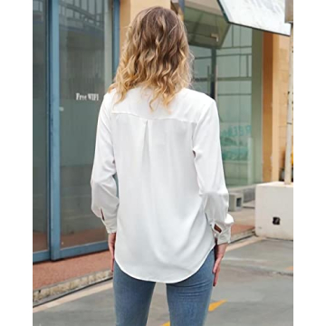YAMANMAN Women's Button Down Shirt Classic Long Sleeve Collared Tops Work Office Chiffon Blouse White