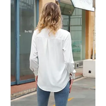 YAMANMAN Women's Button Down Shirt Classic Long Sleeve Collared Tops Work Office Chiffon Blouse White