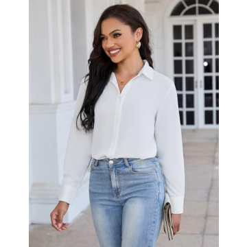 YAMANMAN Women's Button Down Shirt Classic Long Sleeve Collared Tops Work Office Chiffon Blouse White