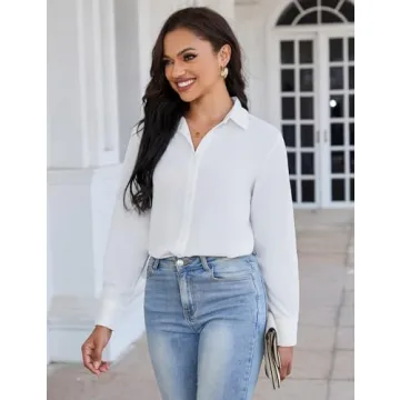 YAMANMAN Women's Button Down Shirt Classic Long Sleeve Collared Tops Work Office Chiffon Blouse White