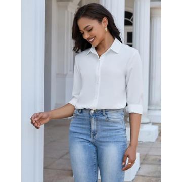 YAMANMAN Women's Button Down Shirt Classic Long Sleeve Collared Tops Work Office Chiffon Blouse White