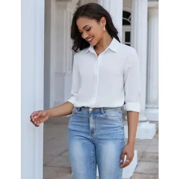 YAMANMAN Women's Button Down Shirt Classic Long Sleeve Collared Tops Work Office Chiffon Blouse White