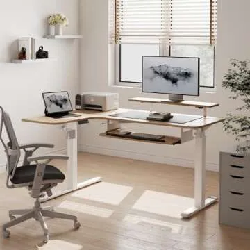 EUREKA ERGONOMIC Standing Desk Adjustable Height 61" Electric Sit Stand Computer Desk L Shaped with Keyboard Tray,Monitor Stand &LED, Dual Motor Memory Presets Sit to Desk Adjustable Desk, Left/Maple