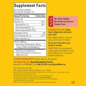 Nature Made Fish Oil 1200 mg Softgels, Fish Oil Supplements, Omega 3 Fish Oil for Healthy Heart Support, Omega 3 Supplement with 230 Softgels, 115 Day Supply
