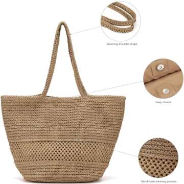Kiss Sea Large Beach Straw Purse For Women: Brown Straw Bags Crossbody Shoulder Handbags - Raffia Woven Tote For Summer Vacation