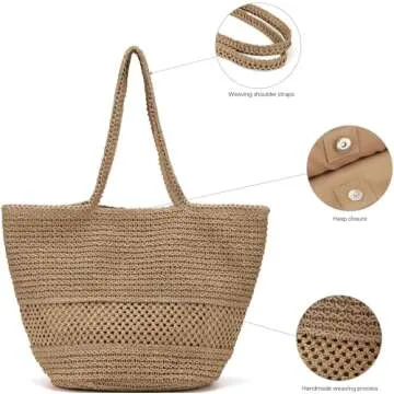 Kiss Sea Large Beach Straw Purse For Women: Brown Straw Bags Crossbody Shoulder Handbags - Raffia Woven Tote For Summer Vacation