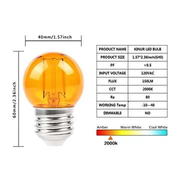 KINUR G40 Small dim Amber LED Edison 2000K 2 watt-15 watt Equivalent, E26 Base Low watt Soft Warm Light Bulbs for Healthy Sleep and Baby Nursery Light 4 Pack