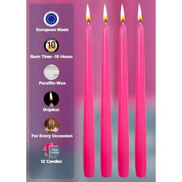 Hyoola 12 Pack Tall Taper Candles - 12 Inch Hot Pink Fuschia Dripless, Unscented Dinner Candle - Paraffin Wax with Cotton Wicks - 10 Hour Burn Time