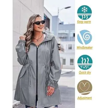 IN'VOLAND Women's Rain Jacket Plus Size Long Raincoat Lightweight Hooded Windbreaker Waterproof Jackets with Pockets