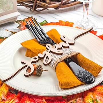 Thanksgiving Christmas Place Cards Thankful, Grateful, Blessed, Merry, Joyful Wooden Sign, Fall Dining Table Plate Ornament Farmhouse Home Table Setting Decor 6 Pack(Grateful,Joyful,Blessed)