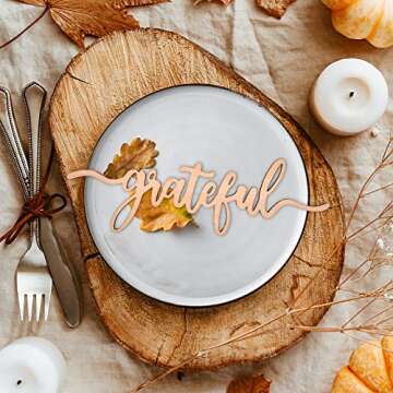 Thanksgiving Christmas Place Cards Thankful, Grateful, Blessed, Merry, Joyful Wooden Sign, Fall Dining Table Plate Ornament Farmhouse Home Table Setting Decor 6 Pack(Grateful,Joyful,Blessed)