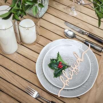 Thanksgiving Christmas Place Cards Thankful, Grateful, Blessed, Merry, Joyful Wooden Sign, Fall Dining Table Plate Ornament Farmhouse Home Table Setting Decor 6 Pack(Grateful,Joyful,Blessed)