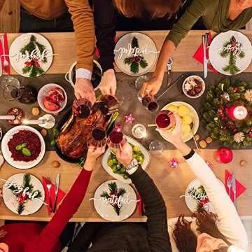 Thanksgiving Christmas Place Cards Thankful, Grateful, Blessed, Merry, Joyful Wooden Sign, Fall Dining Table Plate Ornament Farmhouse Home Table Setting Decor 6 Pack(Grateful,Joyful,Blessed)