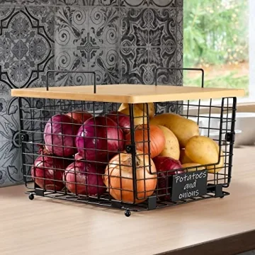 Stackable Wire Baskets with Bamboo Top - Set of 2