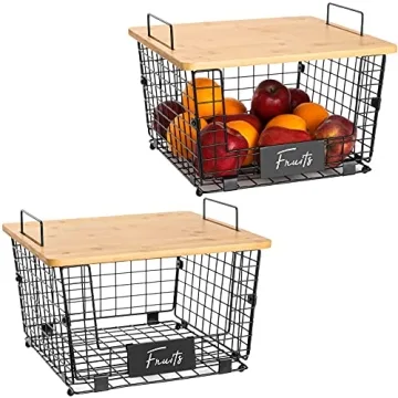 Stackable Wire Baskets with Bamboo Top - Set of 2