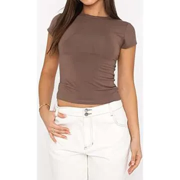 Slimming Skim Dupes Cropped T Shirt Sexy Short Sleeve Shirt Tight Baby Tee Basic Crop Tees Going Out Tops for Women Y2k Clothing Brown