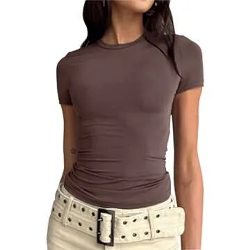 Slimming Skim Dupes Cropped T Shirt Sexy Short Sleeve Shirt Tight Baby Tee Basic Crop Tees Going Out Tops for Women Y2k Clothing Brown