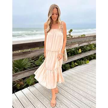 BTFBM Women 2024 Summer Maxi Dresses Sleeveless Spaghetti Strap Casual Sundress Tiered Ruffle Boho Cami Beach Long Dress(Solid Apricot, Large)