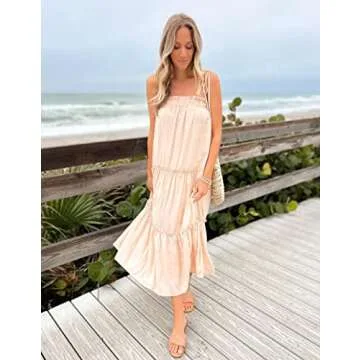 BTFBM Women 2024 Summer Maxi Dresses Sleeveless Spaghetti Strap Casual Sundress Tiered Ruffle Boho Cami Beach Long Dress(Solid Apricot, Large)