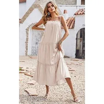 BTFBM Women 2024 Summer Maxi Dresses Sleeveless Spaghetti Strap Casual Sundress Tiered Ruffle Boho Cami Beach Long Dress(Solid Apricot, Large)