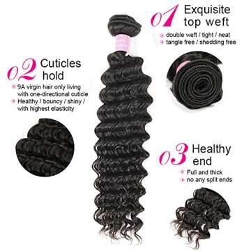 Brazilian 9A Deep Wave Bundles with Closure 4×4 Lace Mixed Length Hair Bundles Natural Color for Bl...