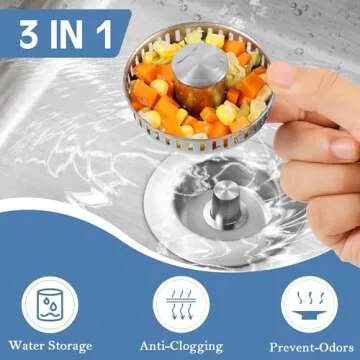 Kitchen Sink Drain Strainer 3 in 1, 304 Stainless Steel Pop Up Sink Stopper, Anti-Clogging Sink Drai...