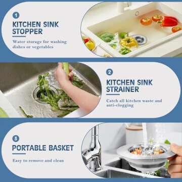 Kitchen Sink Drain Strainer 3 in 1, 304 Stainless Steel Pop Up Sink Stopper, Anti-Clogging Sink Drain Strainer for US Standard Kitchen Drain (SUS304 Brushed)