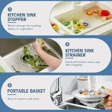 Kitchen Sink Drain Strainer 3 in 1, 304 Stainless Steel Pop Up Sink Stopper, Anti-Clogging Sink Drain Strainer for US Standard Kitchen Drain (SUS304 Brushed)