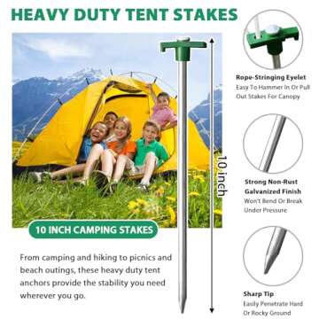 Eurmax USA Galvanized Non-Rust Camping Family Tent Pop Up Tent Stakes Canopy Anchors Heavy Duty 10pc-Pack, with 4x10ft Ropes & 1 Green Stopper