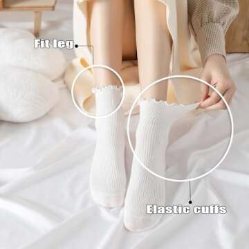 DarkCom Women's Ruffled Ankle Socks - Super Soft, Breathable, Frilly Socks for Mary Jane Shoes - 6 Pairs White