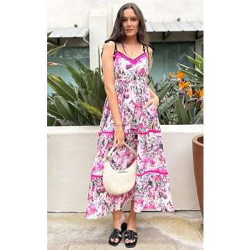 Women's Summer Boho Dresses Spaghetti Strap Floral Print V Neck Ruffle A Line Bohemian Midi Long Dre...