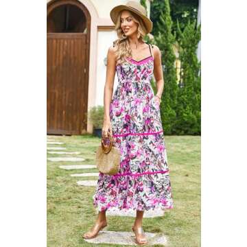 Women’s Summer Boho Floral Print Midi Dress with Pockets