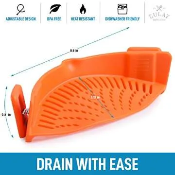 Zulay Silicone Pot Strainer - Adjustable Snap On Strainer For Most Pots & Pans - Food Grade, Heat Resistant Pot Strainer Clip On Silicone Colander For Draining Pasta, Fruits, & Vegetables (Orange)