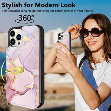 𝟐𝟎𝟐𝟐TopPerfekt Compatible with iPhone 14 Pro Wallet Case with Card Holder, 360°Rotation Finger Ring Holder Kickstand Protective RFID Blocking PU Leather Pattern Double Buttons Flip 6.1" Marble