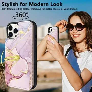 𝟐𝟎𝟐𝟐TopPerfekt Compatible with iPhone 14 Pro Wallet Case with Card Holder, 360°Rotation Finger Ring Holder Kickstand Protective RFID Blocking PU Leather Pattern Double Buttons Flip 6.1" Marble