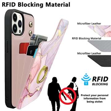 𝟐𝟎𝟐𝟐TopPerfekt Compatible with iPhone 14 Pro Wallet Case with Card Holder, 360°Rotation Finger Ring Holder Kickstand Protective RFID Blocking PU Leather Pattern Double Buttons Flip 6.1" Marble