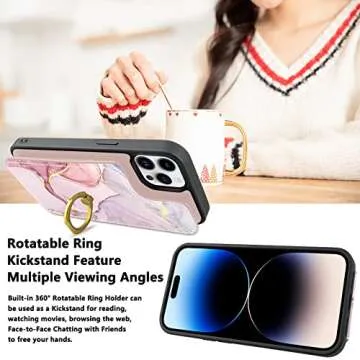 𝟐𝟎𝟐𝟐TopPerfekt Compatible with iPhone 14 Pro Wallet Case with Card Holder, 360°Rotation Finger Ring Holder Kickstand Protective RFID Blocking PU Leather Pattern Double Buttons Flip 6.1" Marble