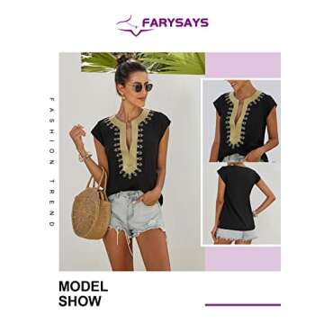 FARYSAYS Women's Ladies Tops Sexy V Neck Short Sleeve Boho Print Casual Blouses Shirts Black X-Large