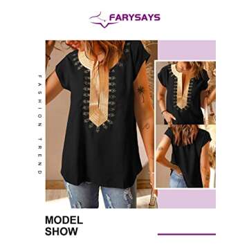 FARYSAYS Women's Ladies Tops Sexy V Neck Short Sleeve Boho Print Casual Blouses Shirts Black X-Large