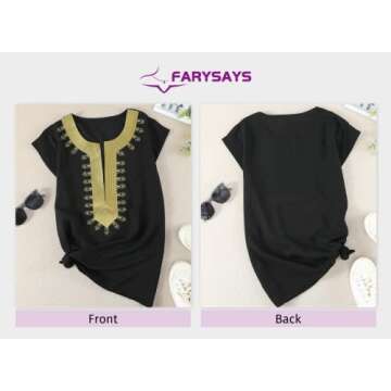 FARYSAYS Women's Ladies Tops Sexy V Neck Short Sleeve Boho Print Casual Blouses Shirts Black X-Large