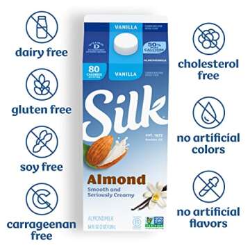 Silk Almond Milk, Vanilla, Dairy Free, Gluten Free, Seriously Creamy Vegan Milk with 50% More Calcium than Dairy Milk, 64 FL OZ Half Gallon