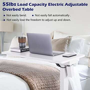 TOPSKY Electric Height Adjustable Overbed Bedside Table with Wheels for Home Office Use (White + White Frame)