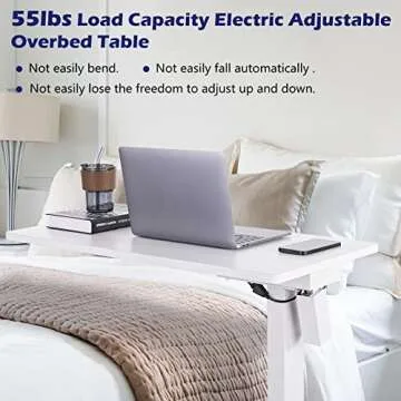 TOPSKY Electric Height Adjustable Overbed Bedside Table with Wheels for Home Office Use (White + White Frame)