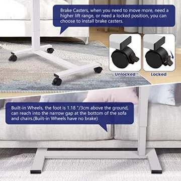 TOPSKY Electric Height Adjustable Overbed Bedside Table with Wheels for Home Office Use (White + White Frame)