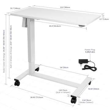 TOPSKY Electric Height Adjustable Overbed Bedside Table with Wheels for Home Office Use (White + White Frame)